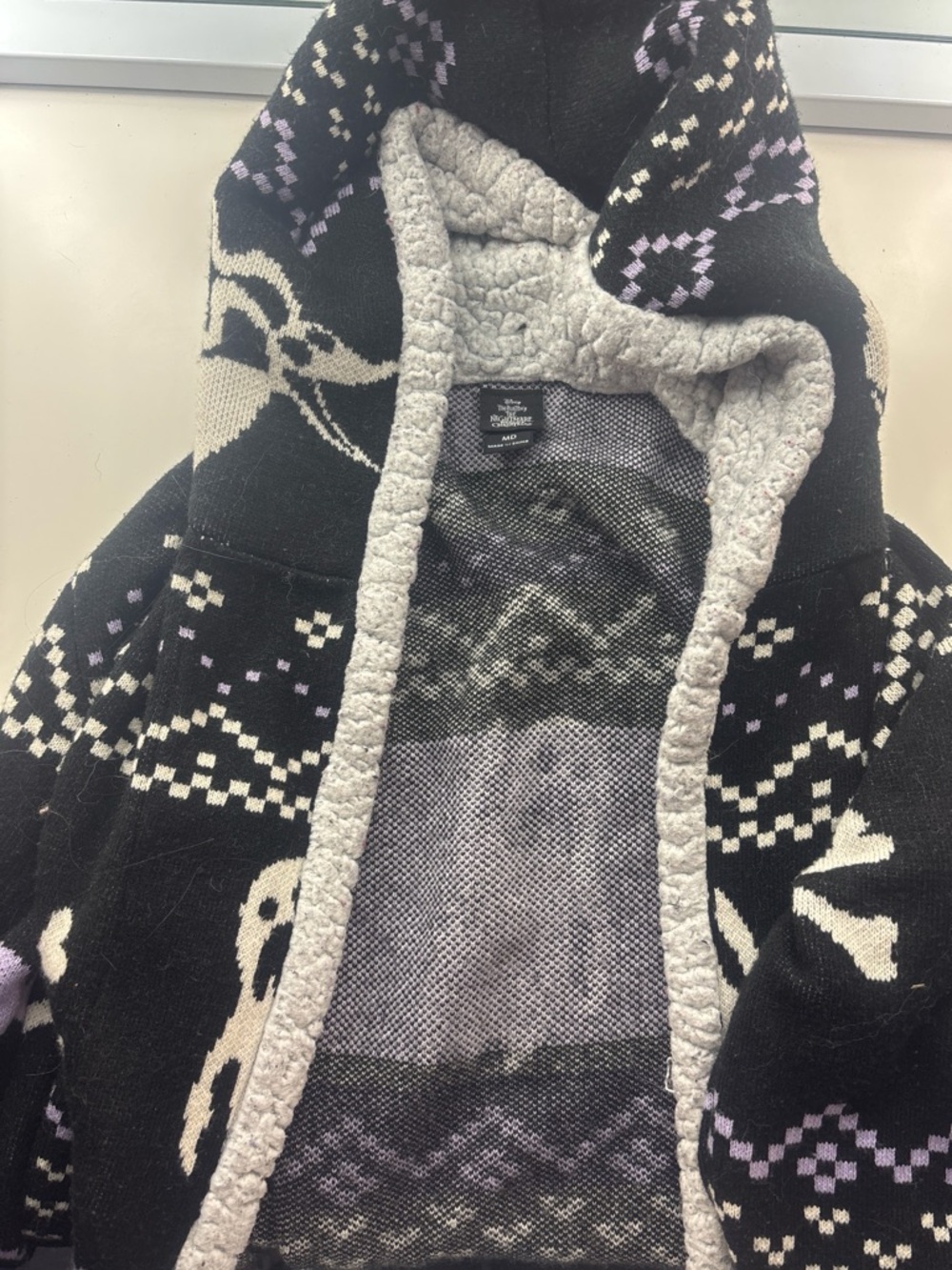 Cozy Hooded Sherpa Cardigan in Black & Cream with Lavender Accents